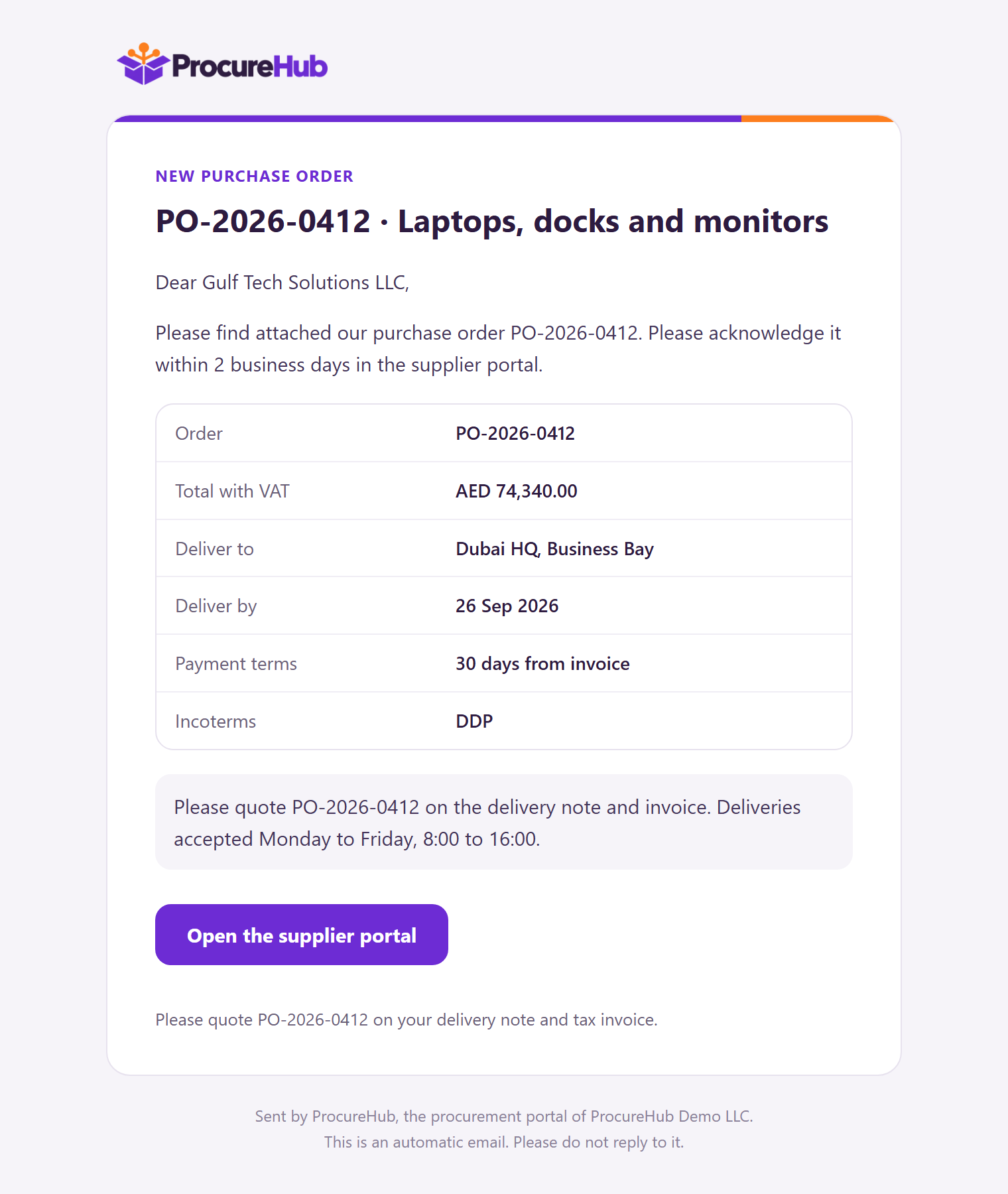 Purchase order email sent to a supplier